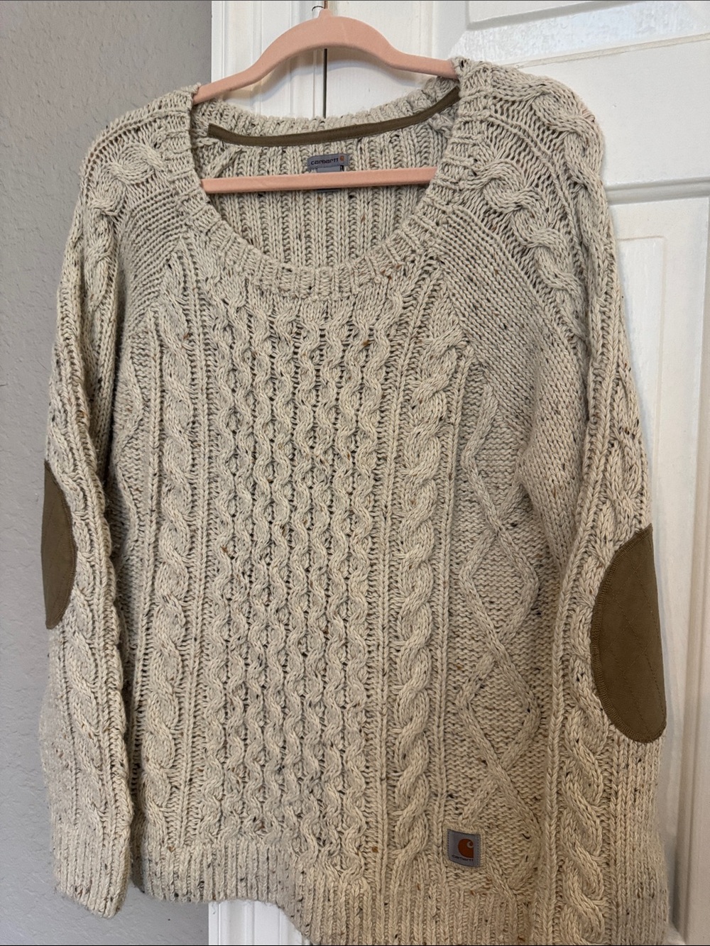 Carhartt Women's Cream Cable Knit Sweater with Brown Elbow Patches